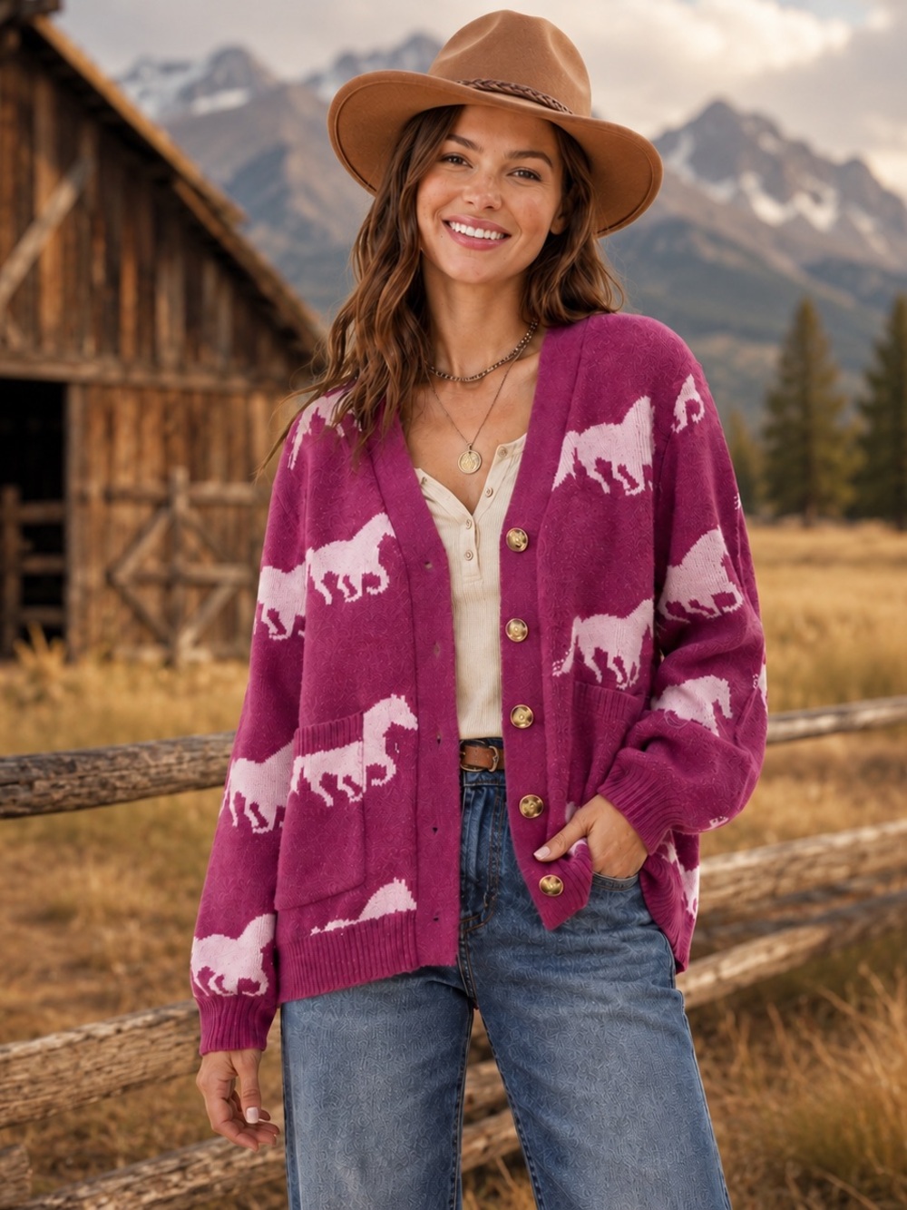 #123 New! 🔴 Horse-Pattern Button Cardigan